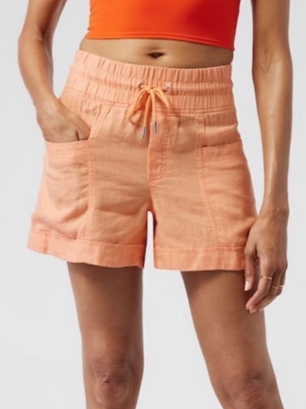Athleta Cabo Linen 4” Short in Peach Orange Women’s 6 100% Linen Athletic Shorts